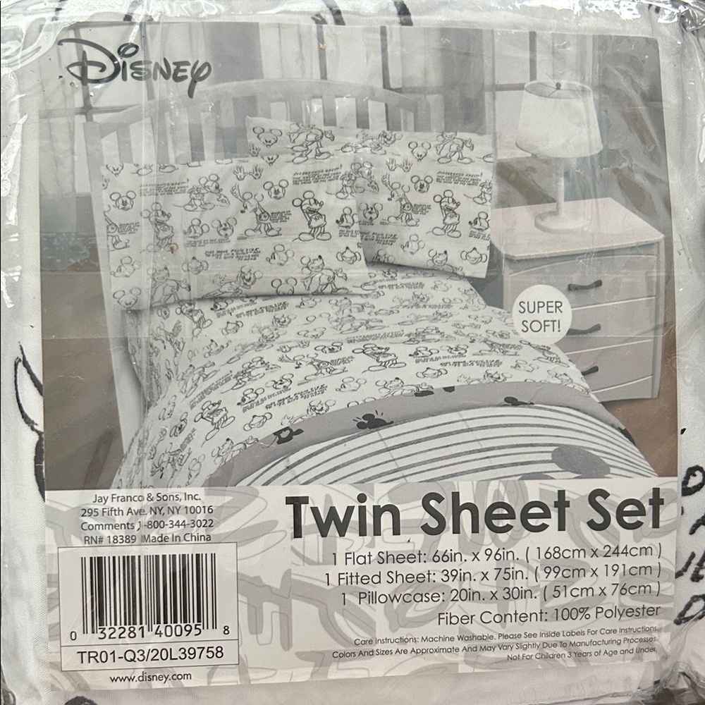 Disney Twin Sheet Set - Black and White Mickey Design - Picture 2 of 3